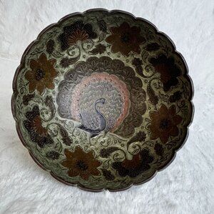 Vintage Handcrafted Brass Bowl Peacock & Floral Motif Has Base & Scalloped Edges